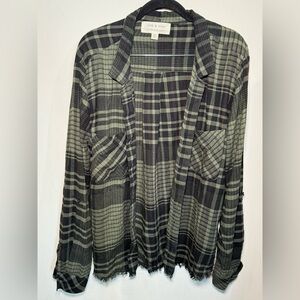 Cloth & Stone Green Plaid Raw Hem Flannel Shirt Sz Large